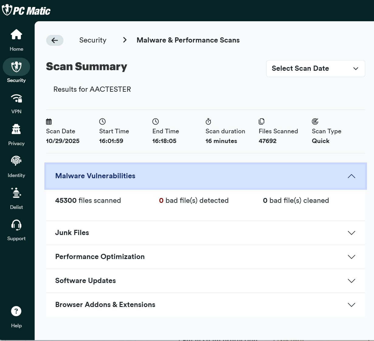 PC Matic's quick scan summary 
