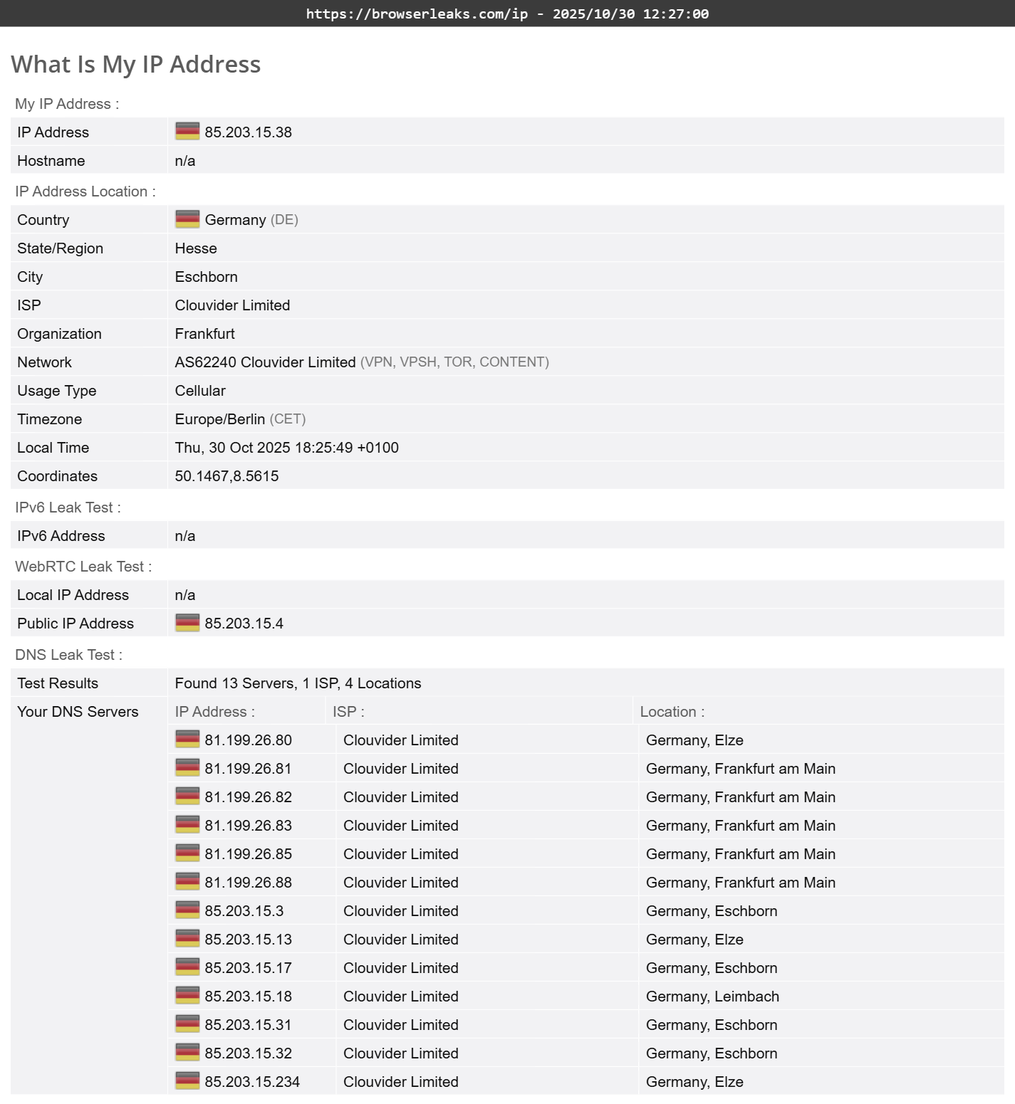 ExpressVPN's DNS leak test results (pass)