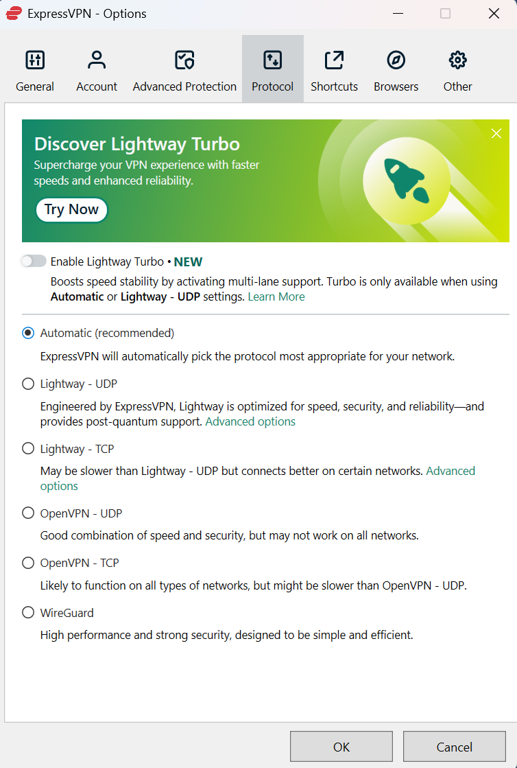 ExpressVPN settings opened to its list of VPN protocol.