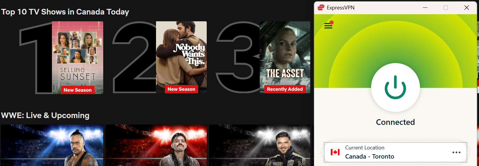 Netflix list of top shows in Canada today with ExpressVPN in the foreground