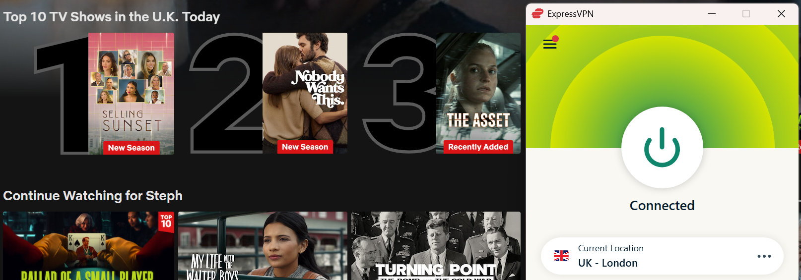 Netflix list of top shows in the U.K. today with ExpressVPN in the foreground