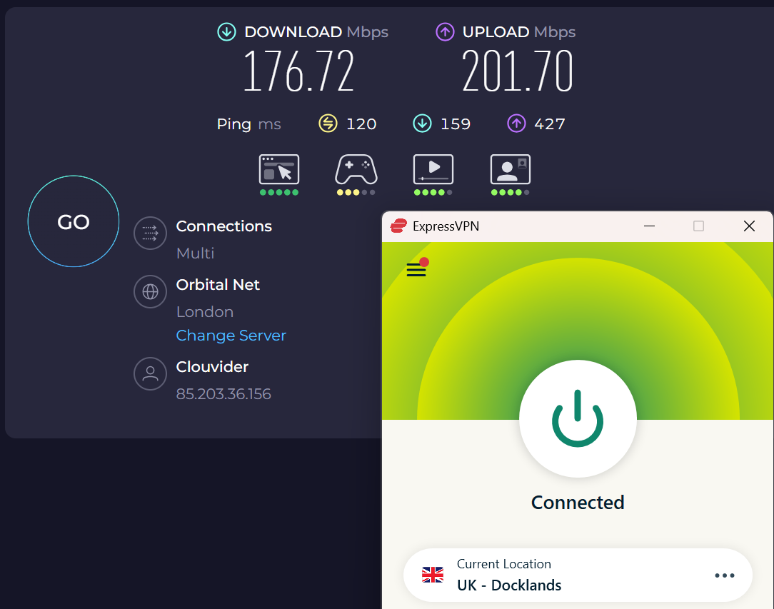 Speed test results for ExpressVPN while connected to a server in London, U.K. (176.72 download, 201.70 upload, 120 ping)