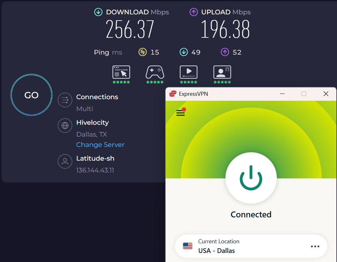 Speed test results for ExpressVPN while connected to a server in Dallas, TX (256.37 download, 196.38 upload, 15 ping)
