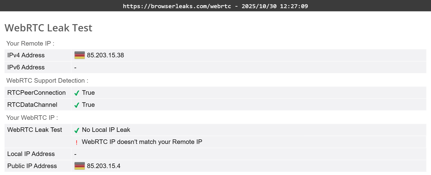 ExpressVPN's WebRTC leak test (partial pass)