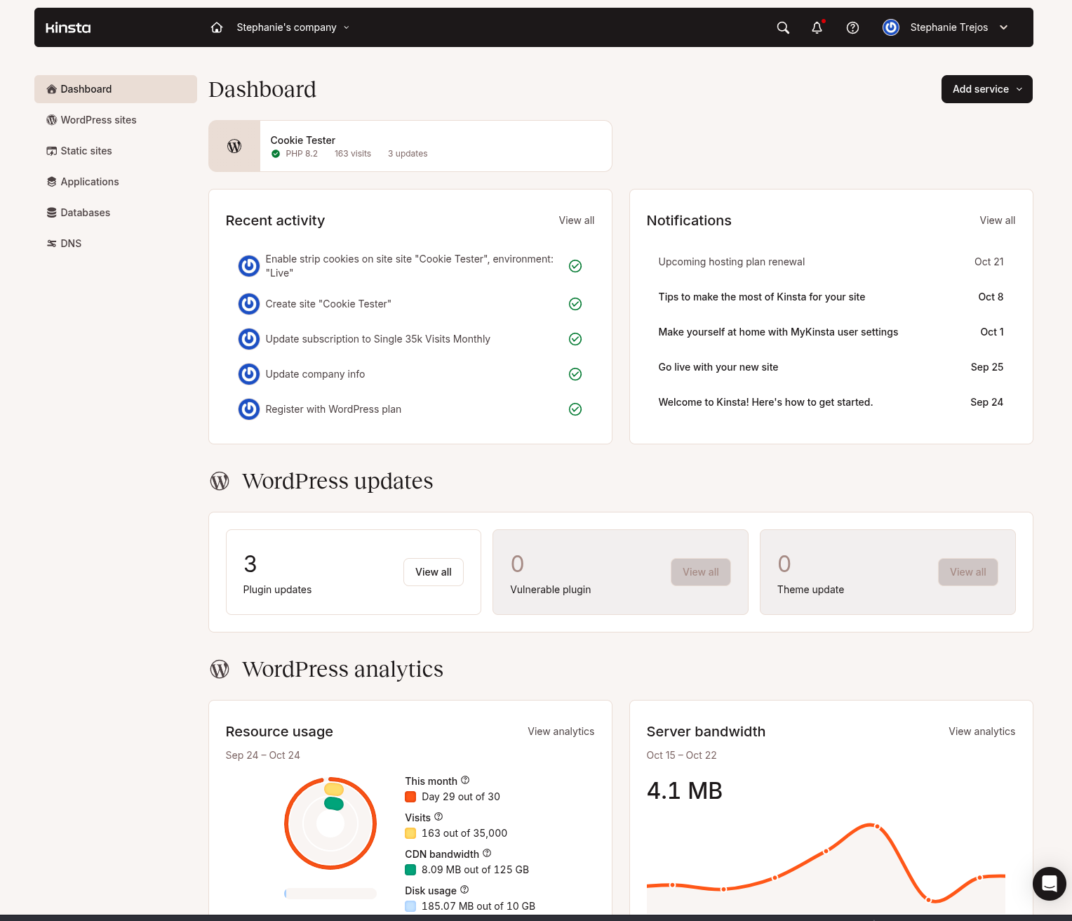 Kinsta admin dashboard