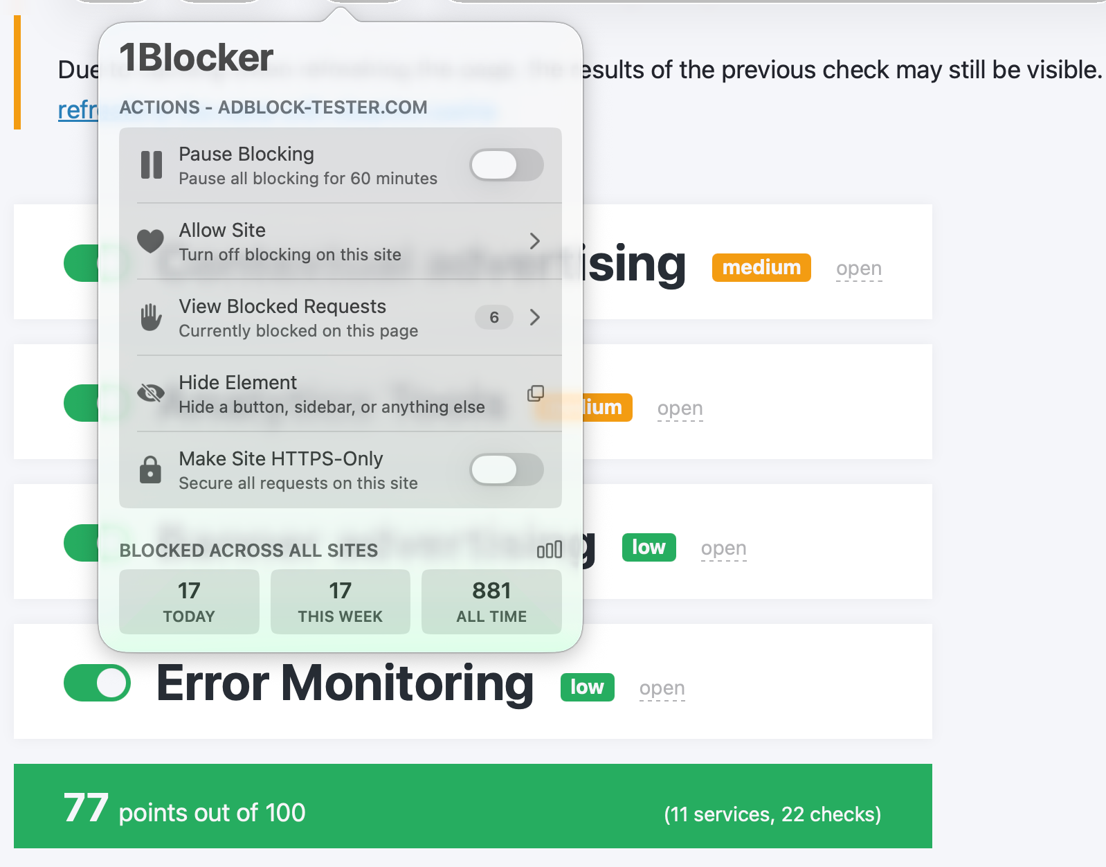 1Blocker's AdBlock Tester test results (77/100)