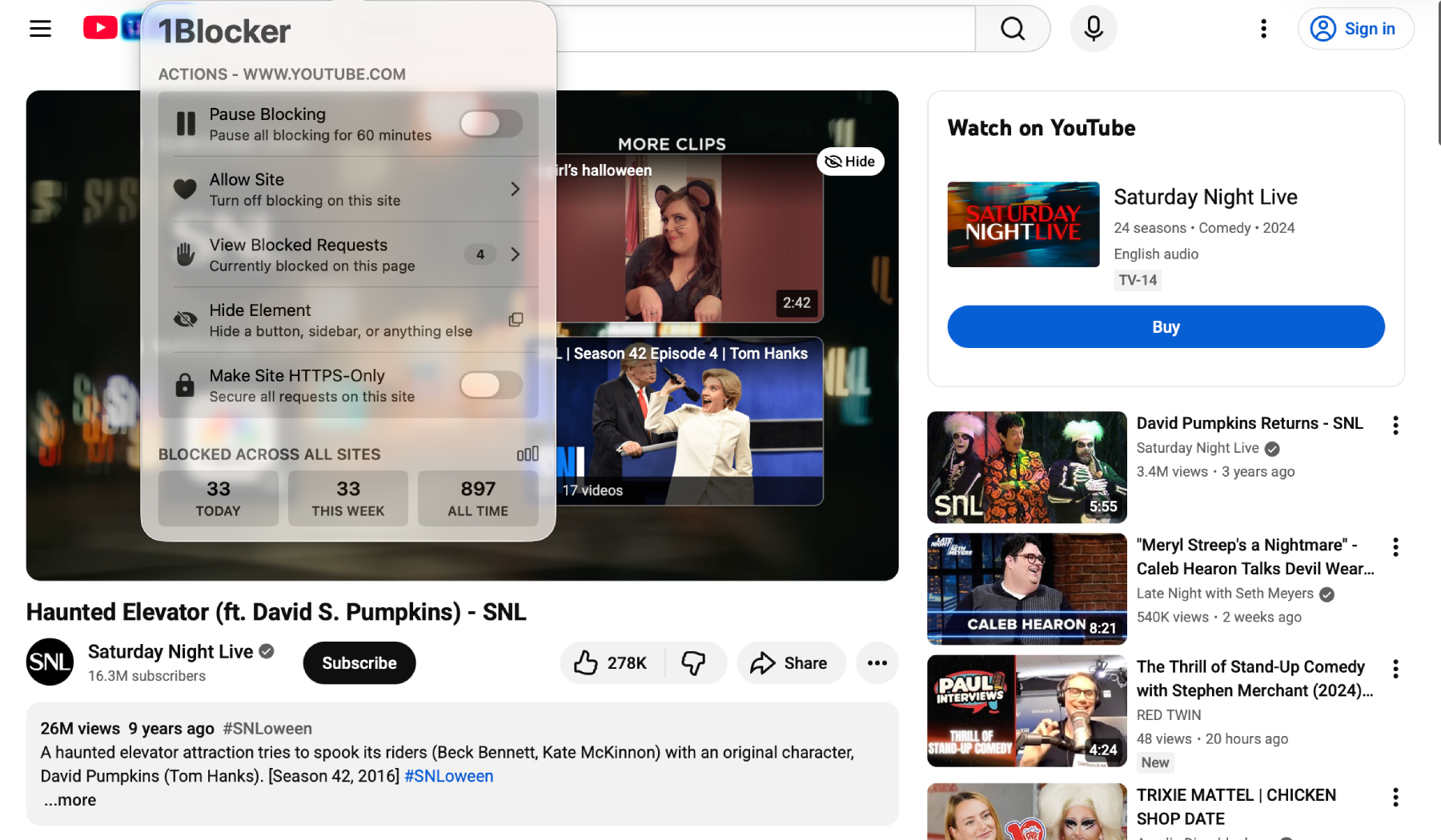 End of a YouTube video with 1Blocker extension open in the foreground