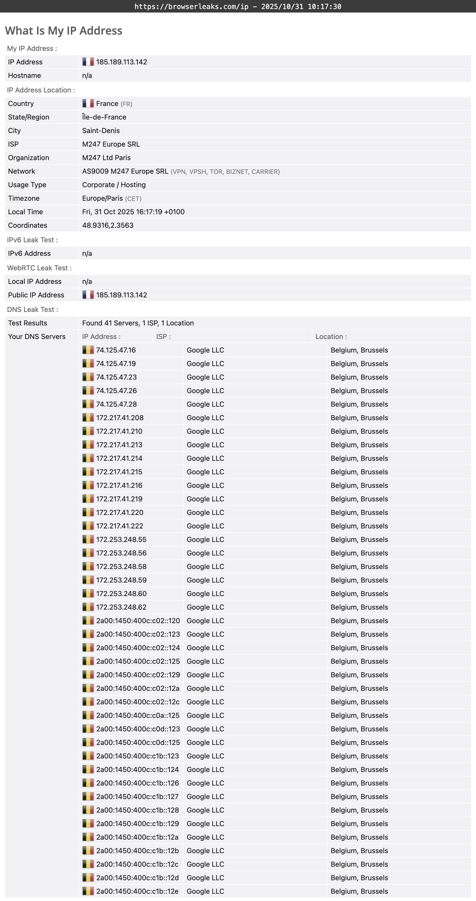 Hotspot Shield's DNS leak test results (pass)