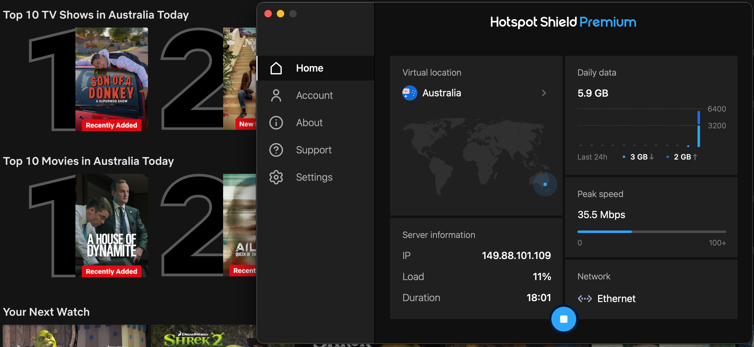 Netflix list of top shows and movies in Australia today with Hotspot Shield in the foreground