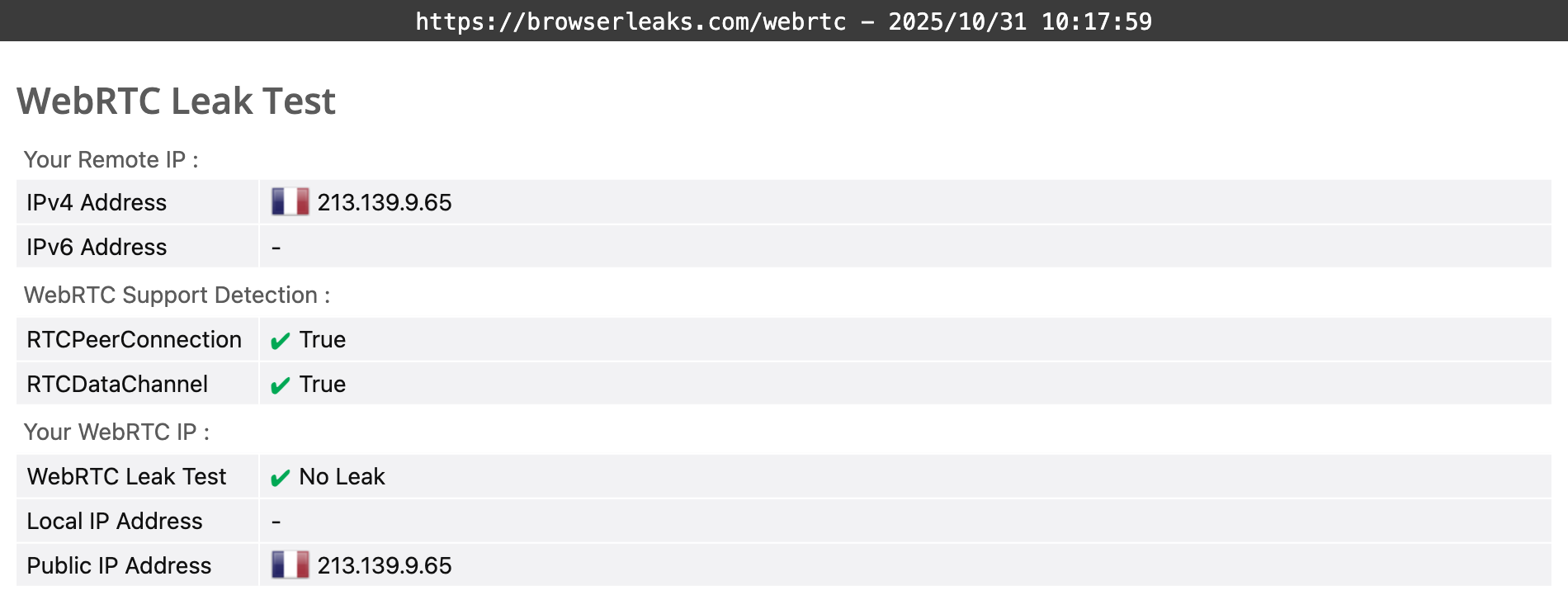 Hotspot Shield's WebRTC leak test results (pass)