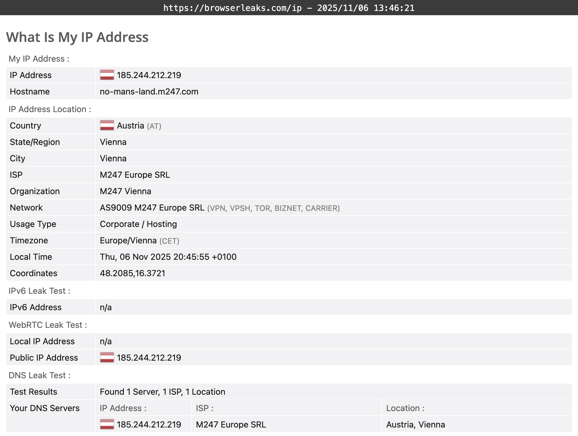 TunnelBear's DNS leak test results (pass)