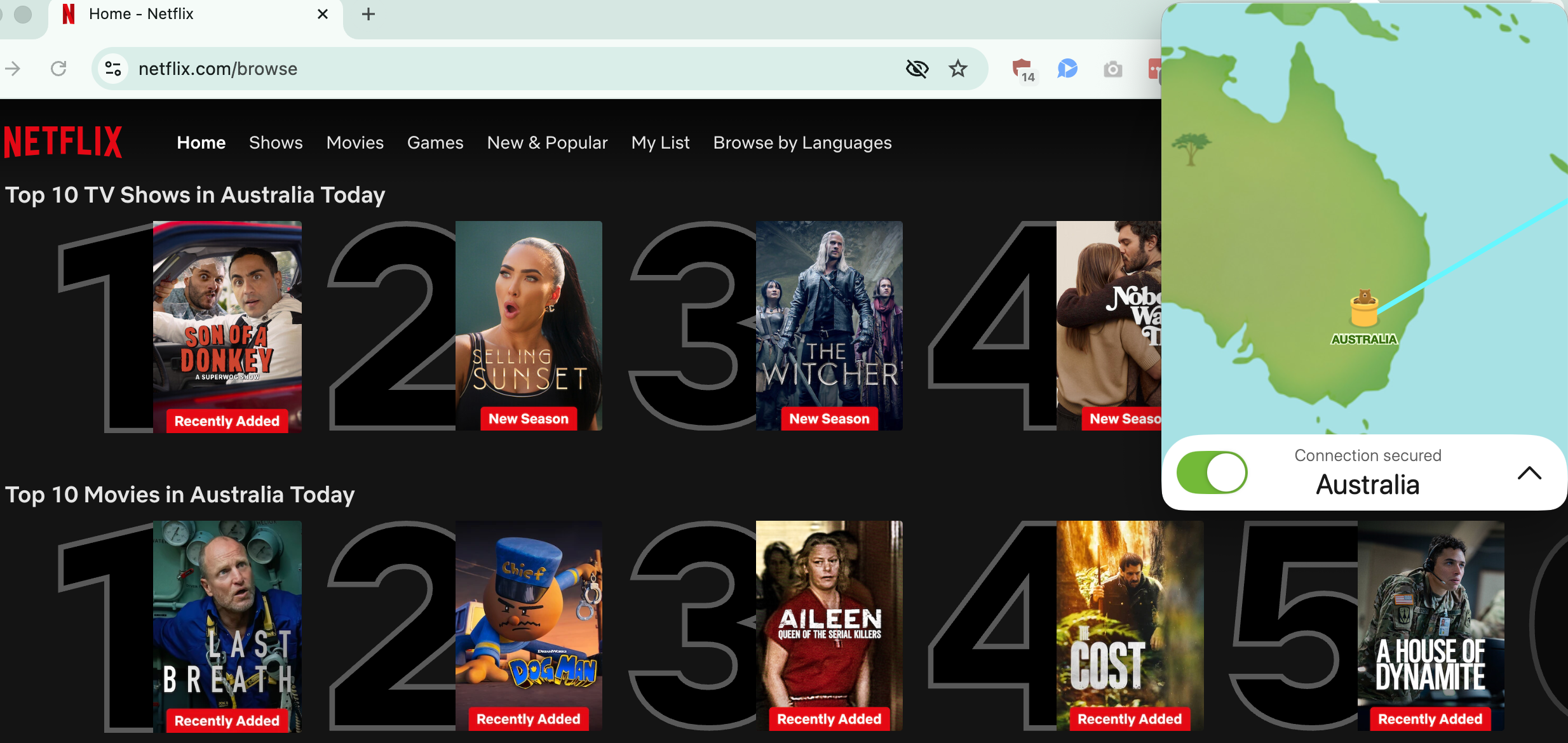 Netflix list of top shows and movies in Australia today with TunnelBear in the foreground