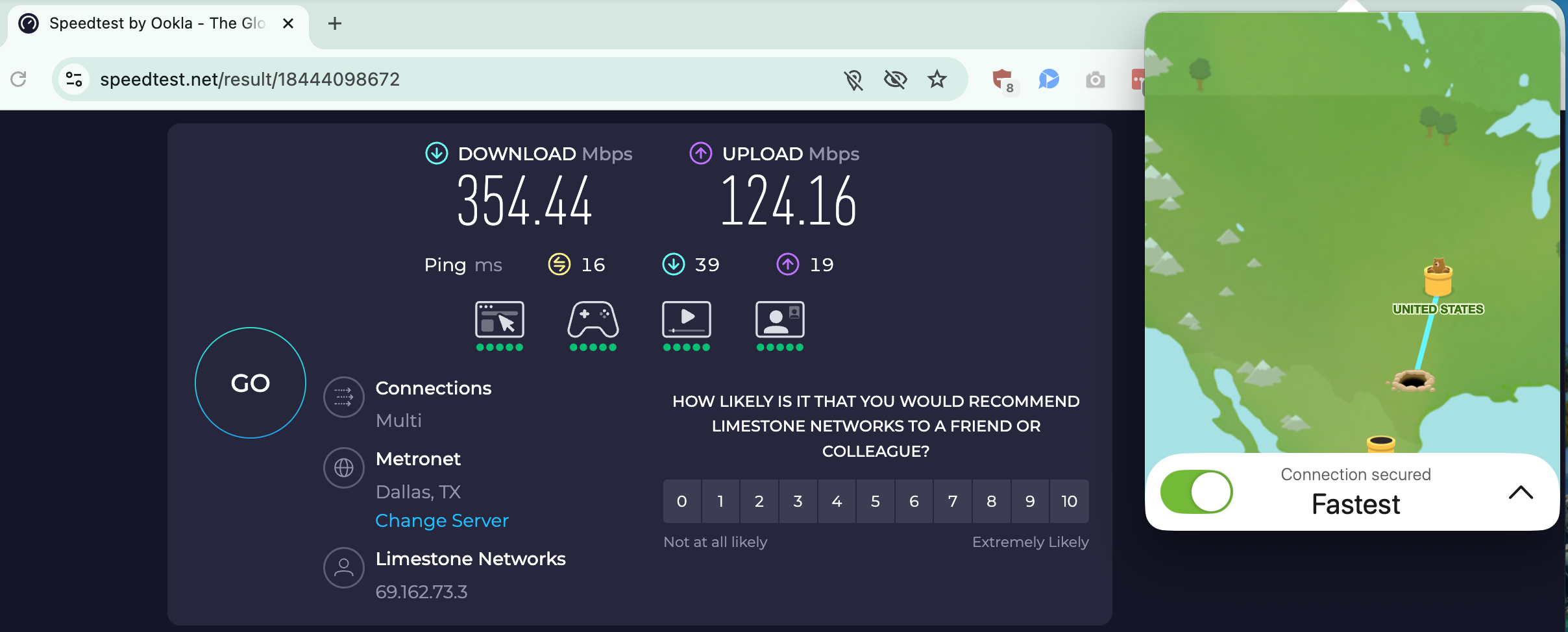 Speed test results for TunnelBear while connected to a server in Dallas (354.44 download, 124.16 upload, and 16 ping)