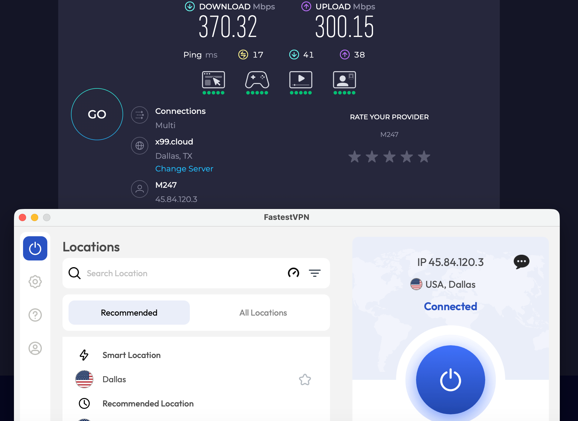 Speed test results for FastestVPN while connected to a server in Dallas (370.31 download, 300.15 upload, 17 ping)