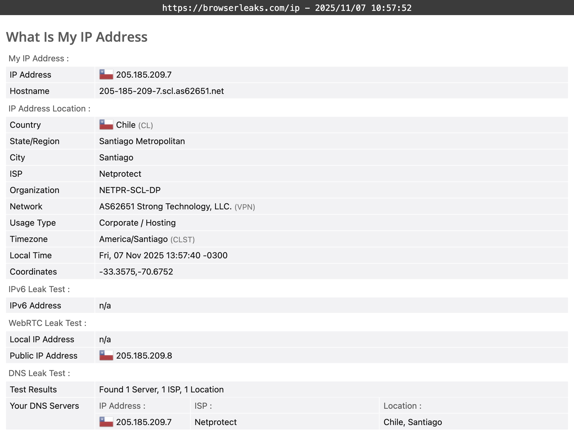 IPVanish's DNS leak test results (pass) 