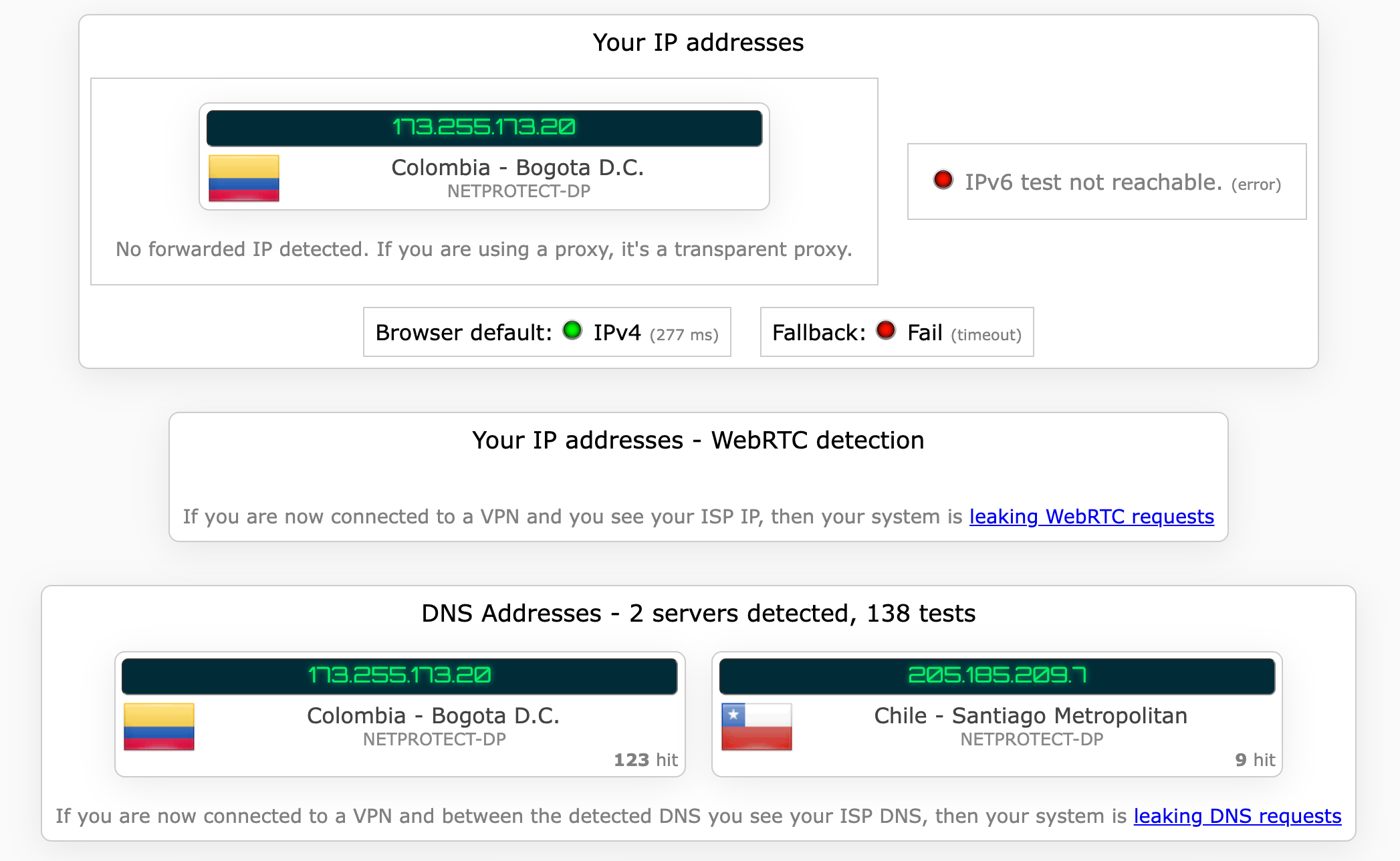 IPVanish's kill switch test results (pass) 