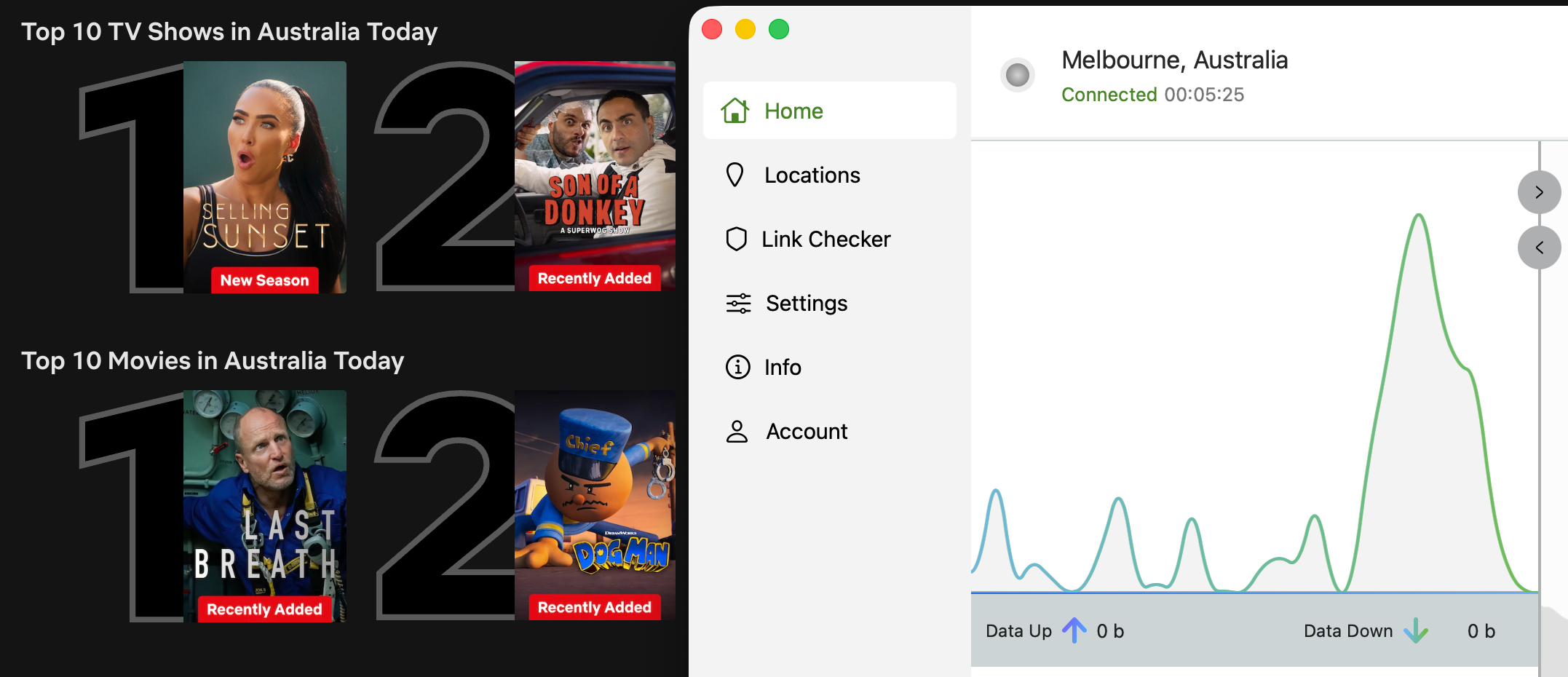 Netflix list of top shows and movies in Australia today with IPVanish in the foreground