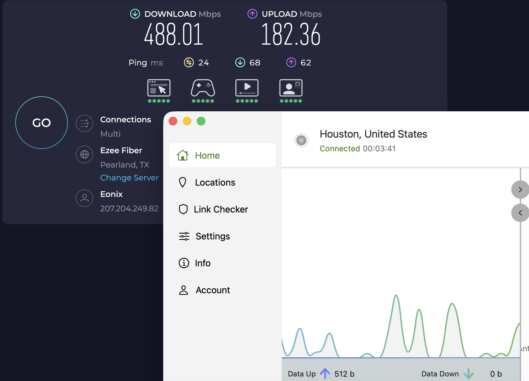 Speed test results for IPVanish while connected to a server in Dallas, Texas (488.01 download, 182.36 upload, 18 ping)
