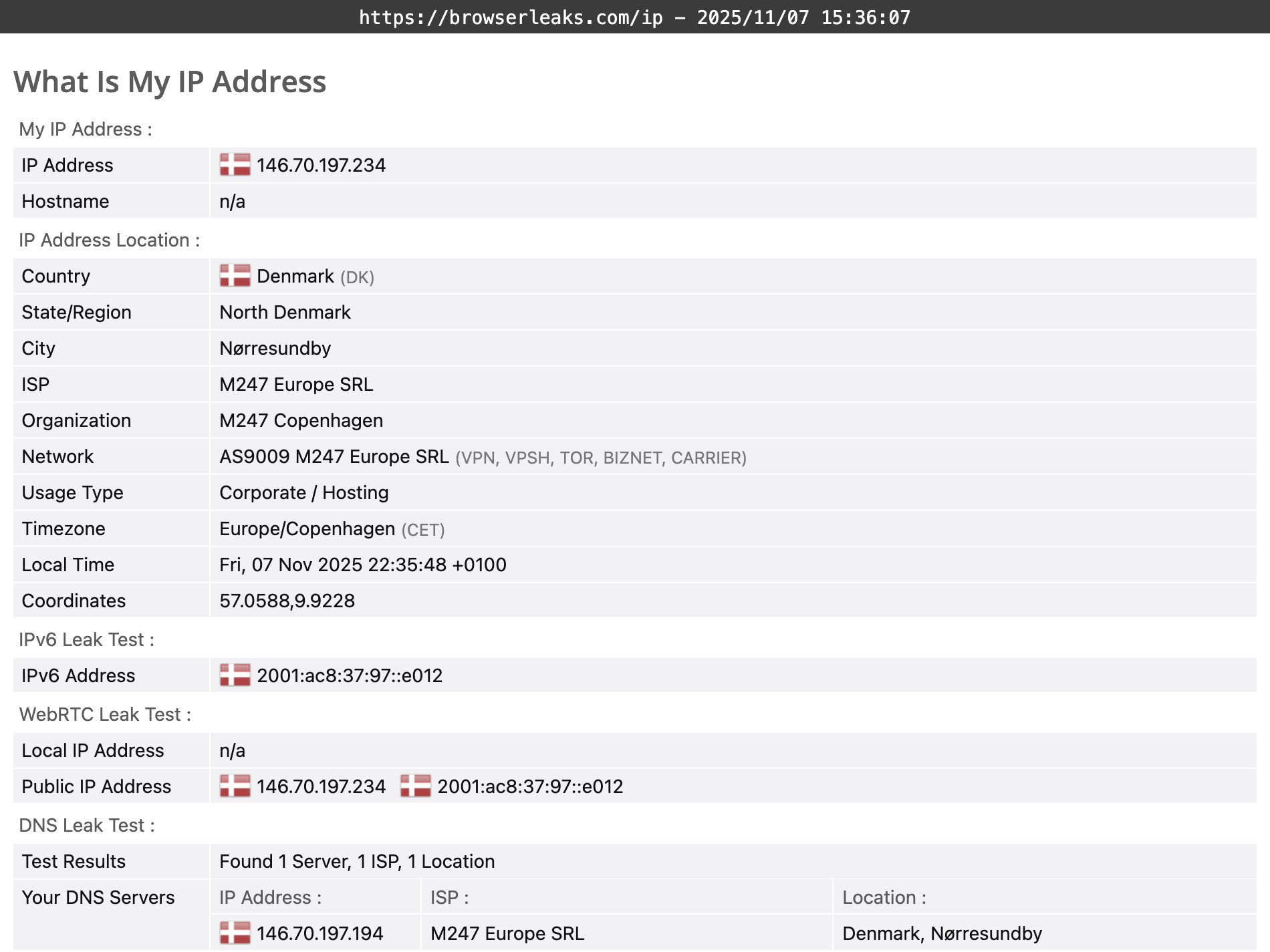 Mullvad's DNS leak test results (pass)