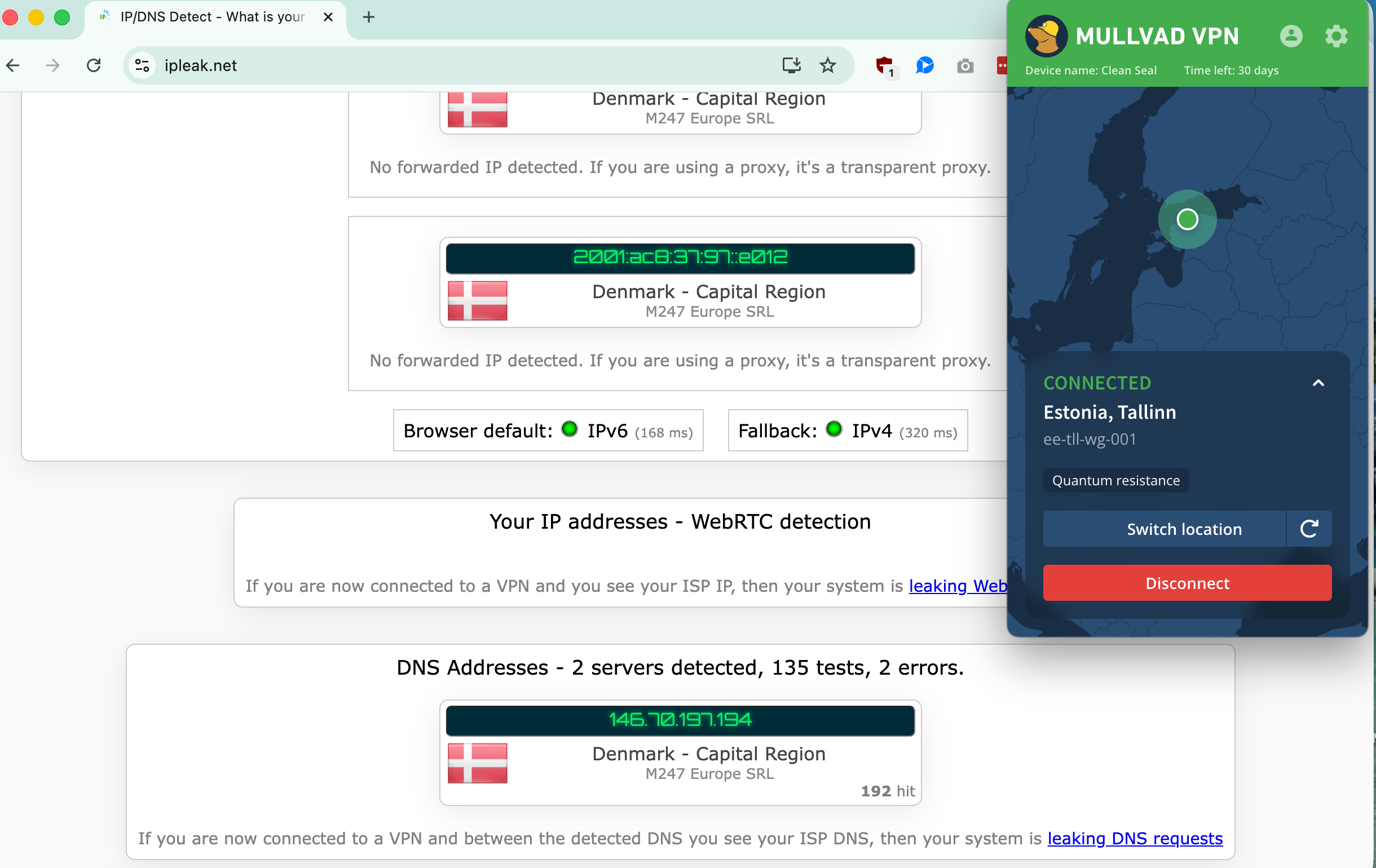Mullvad's kill switch test results (pass)
