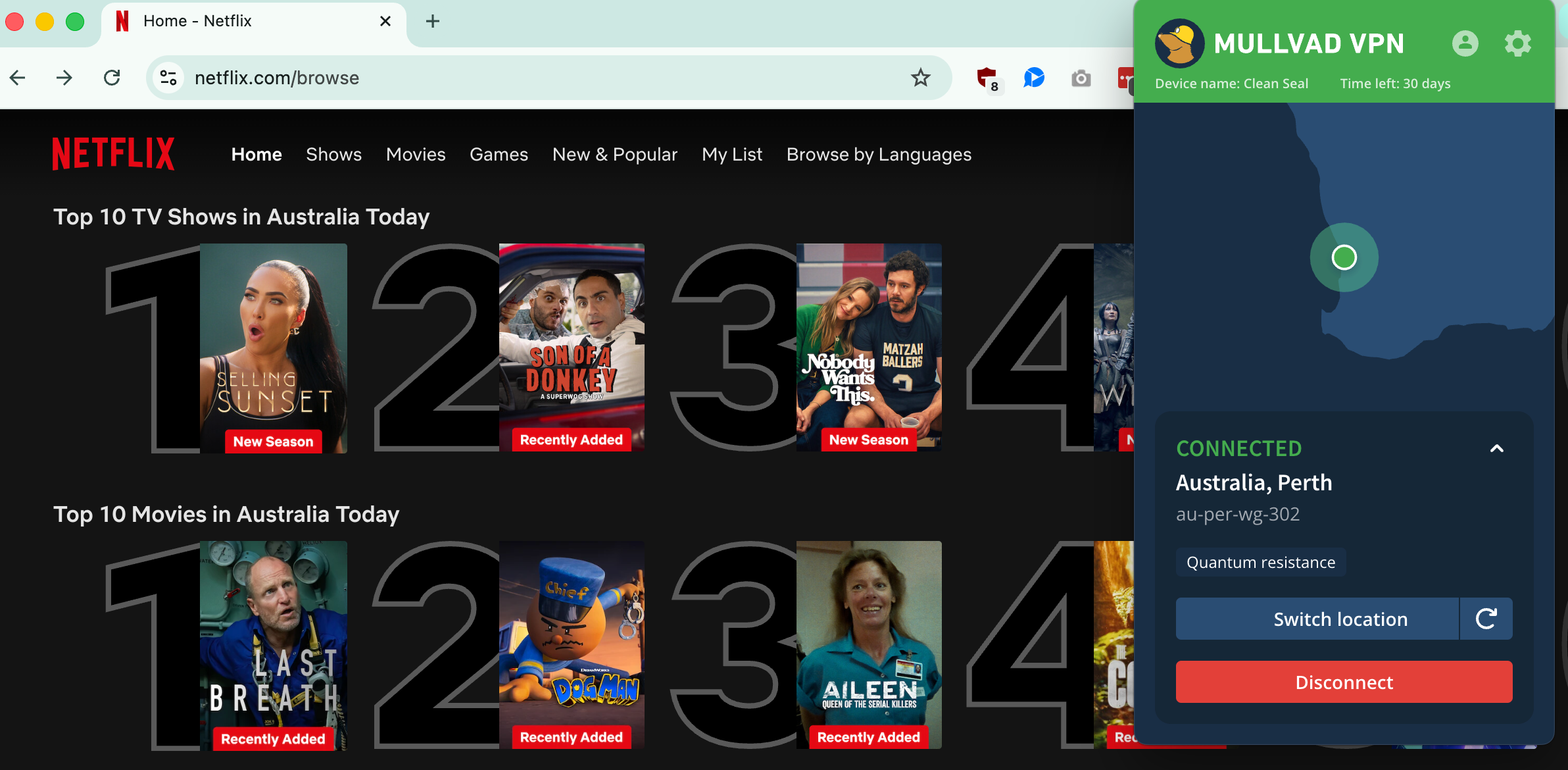 Netflix list of top shows and movies in Australia today with Mullvad in the foreground