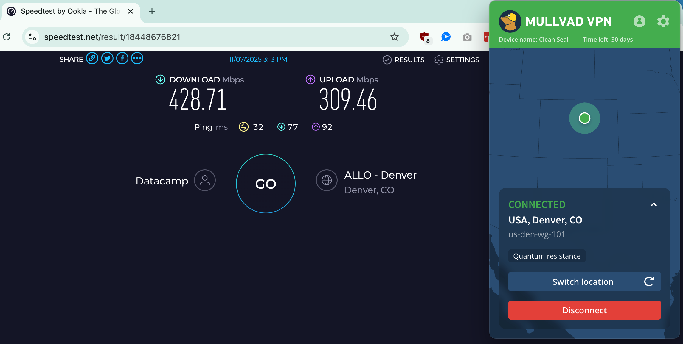 Speed test results for Mullvad while connected to a server in Denver (428.71 download, 309.46 upload, 32 ping)