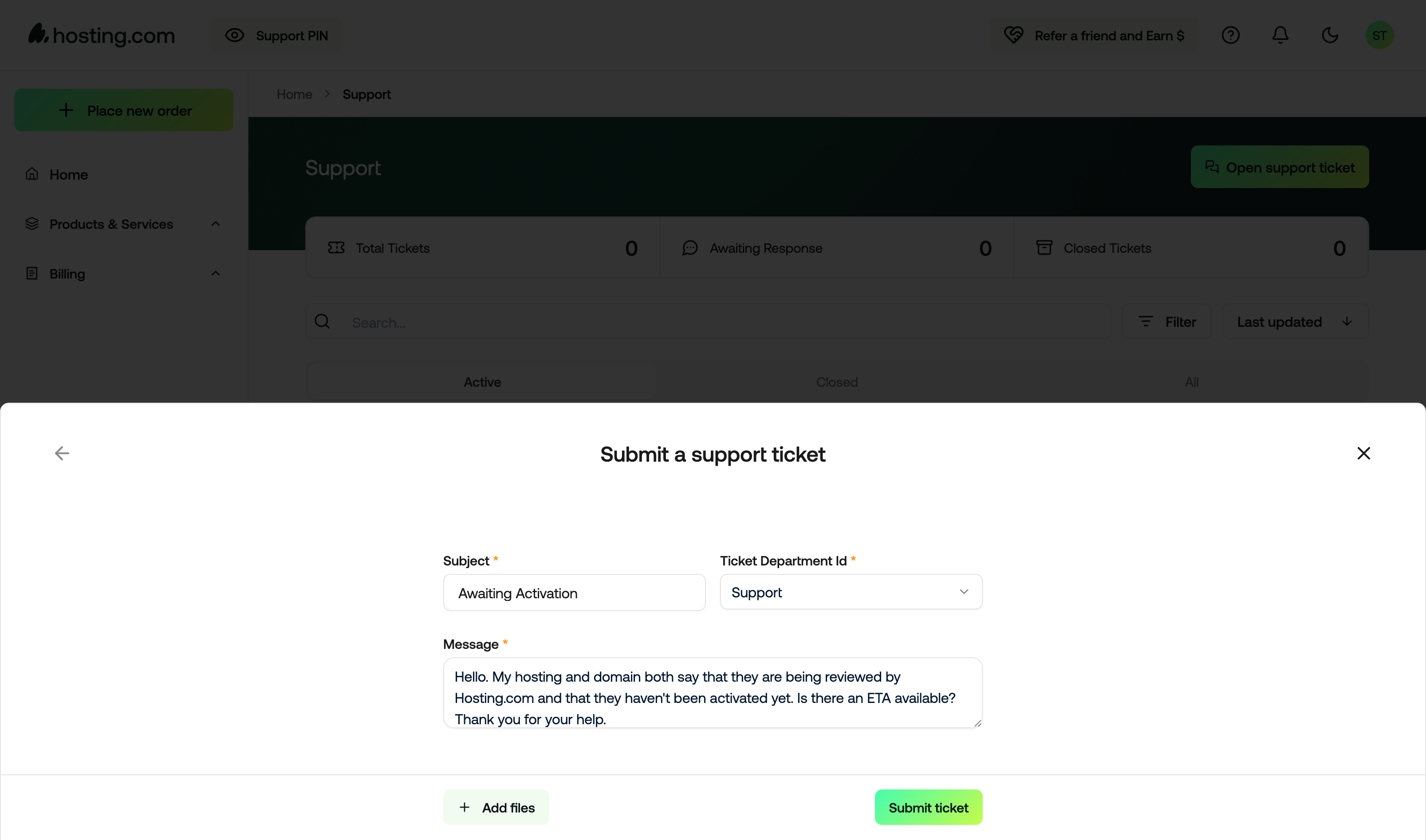 hosting support ticket