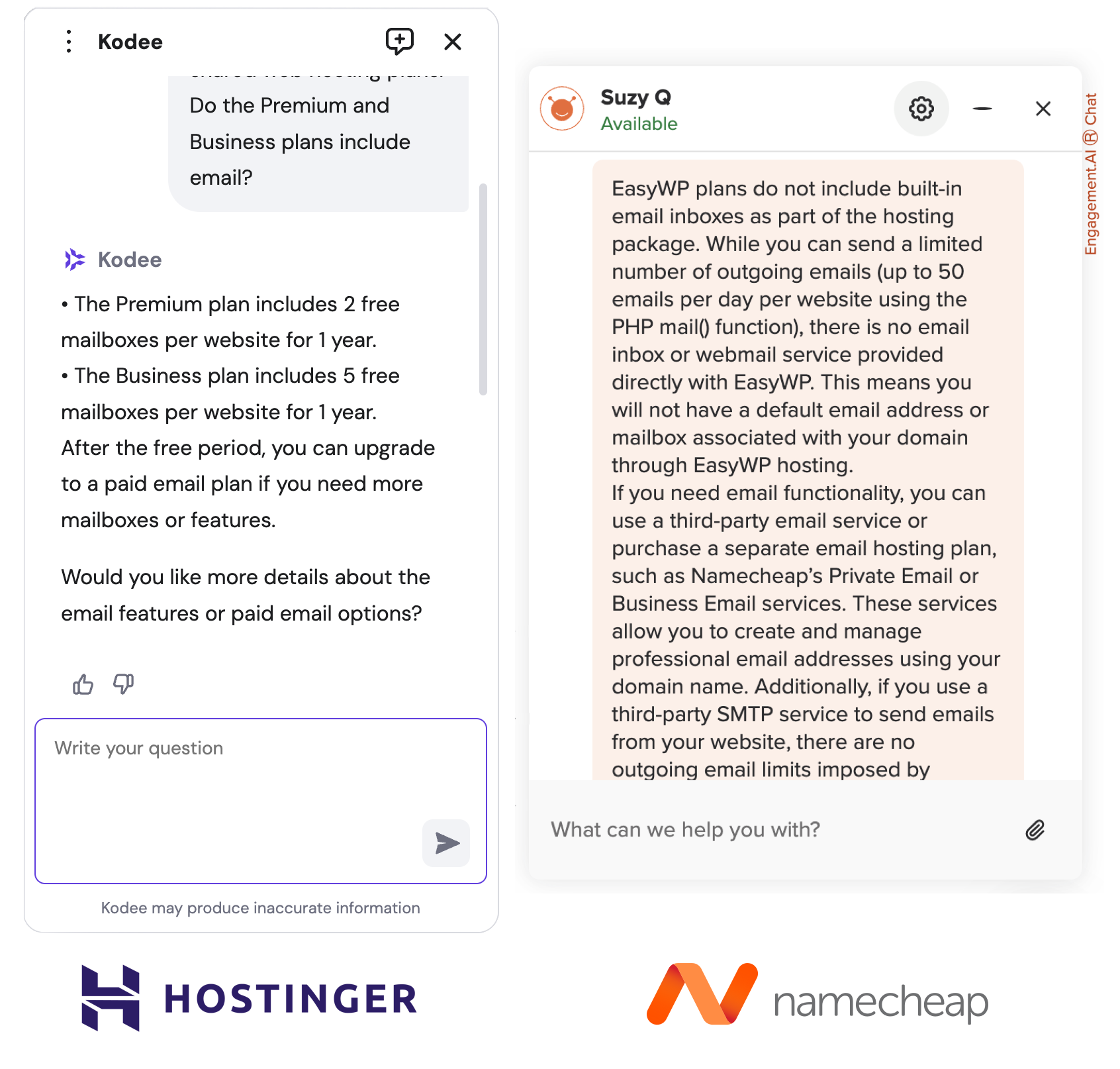Hostinger vs Namecheap live chat