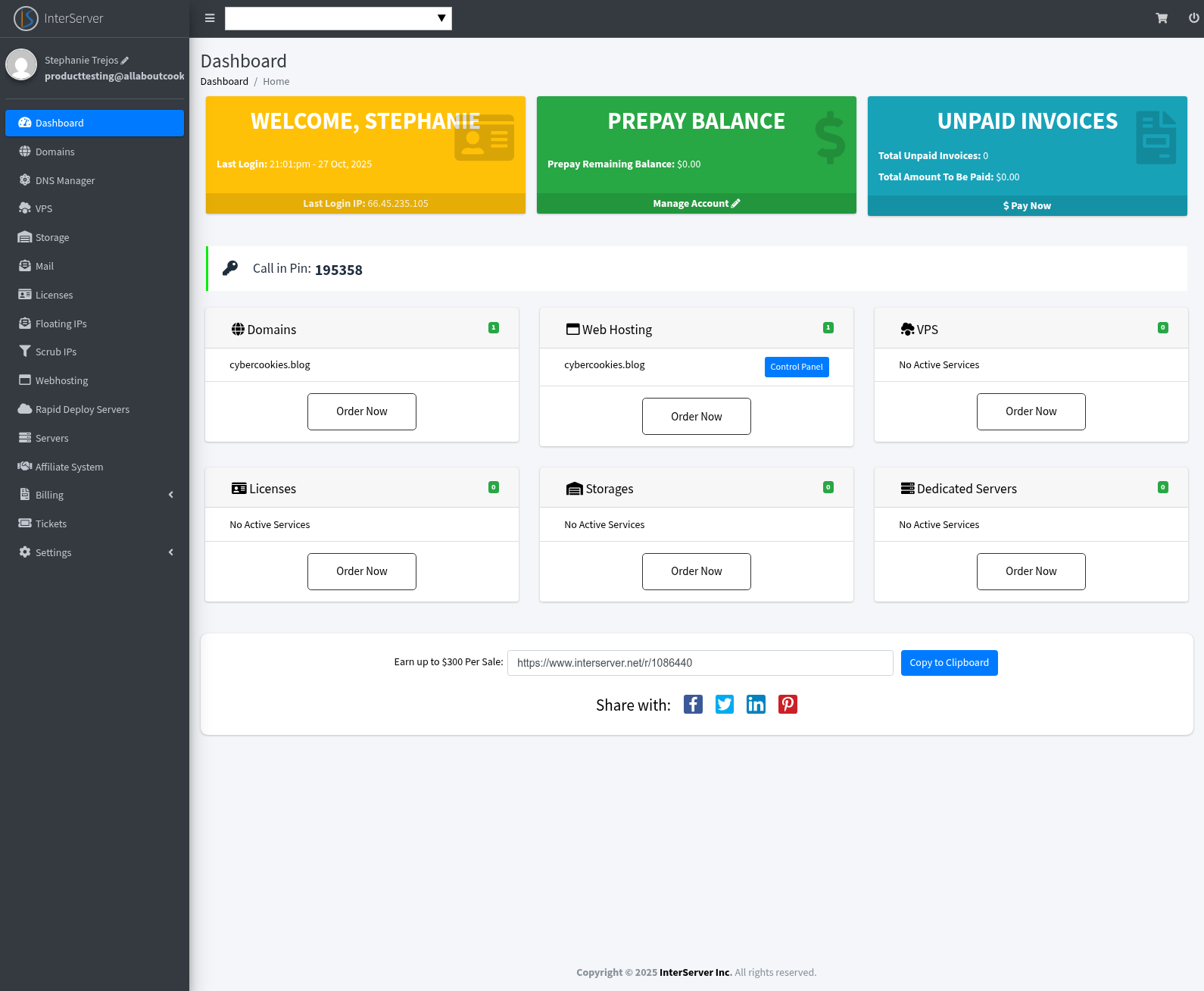 InterServer account admin panel