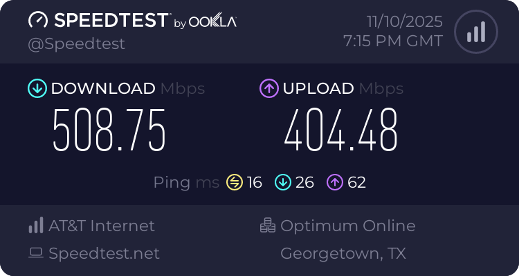 Baseline speed test before testing hide.me (508.75 download, 404.48 upload, 116 ping)