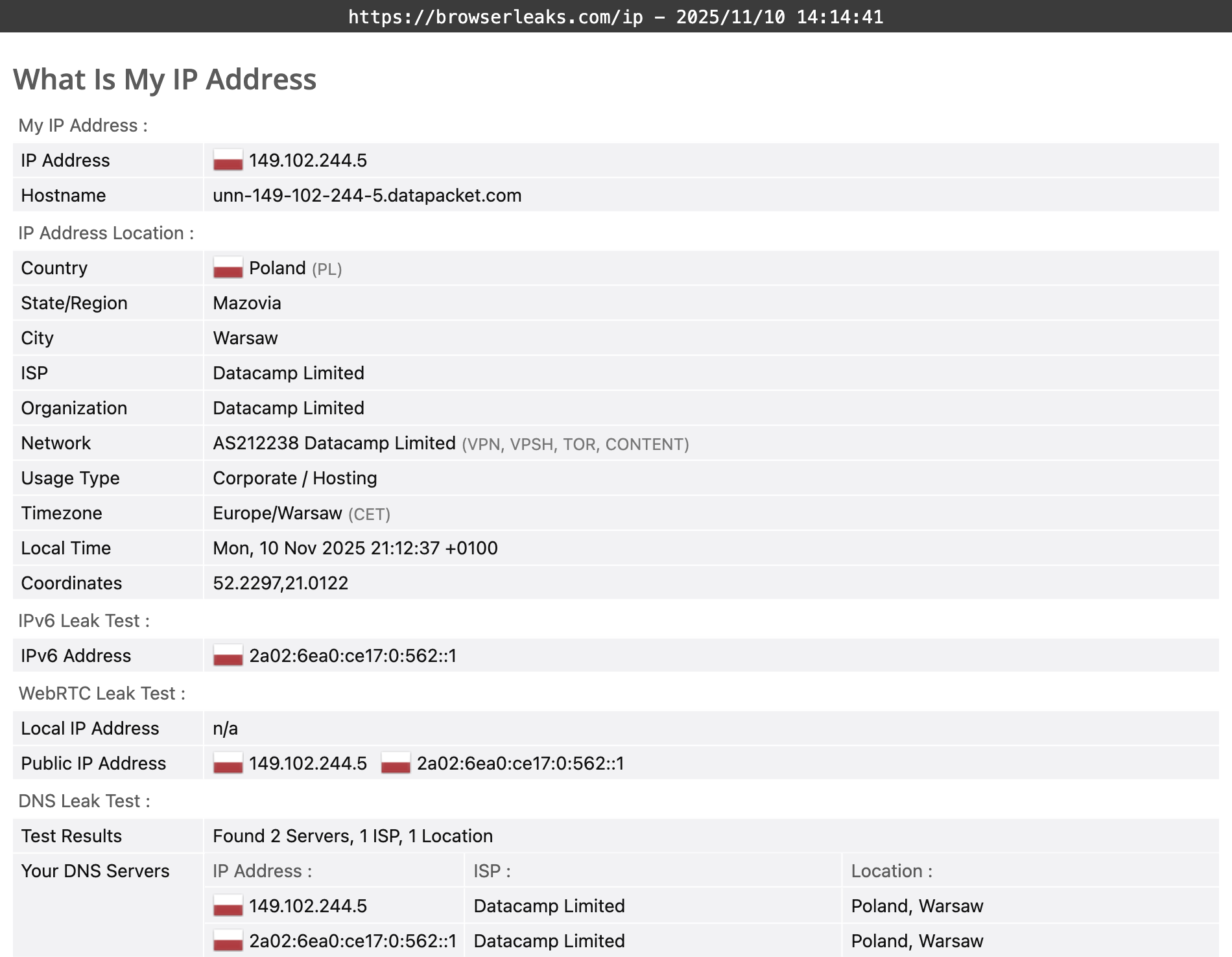 hide.me's DNS leak test results (pass)
