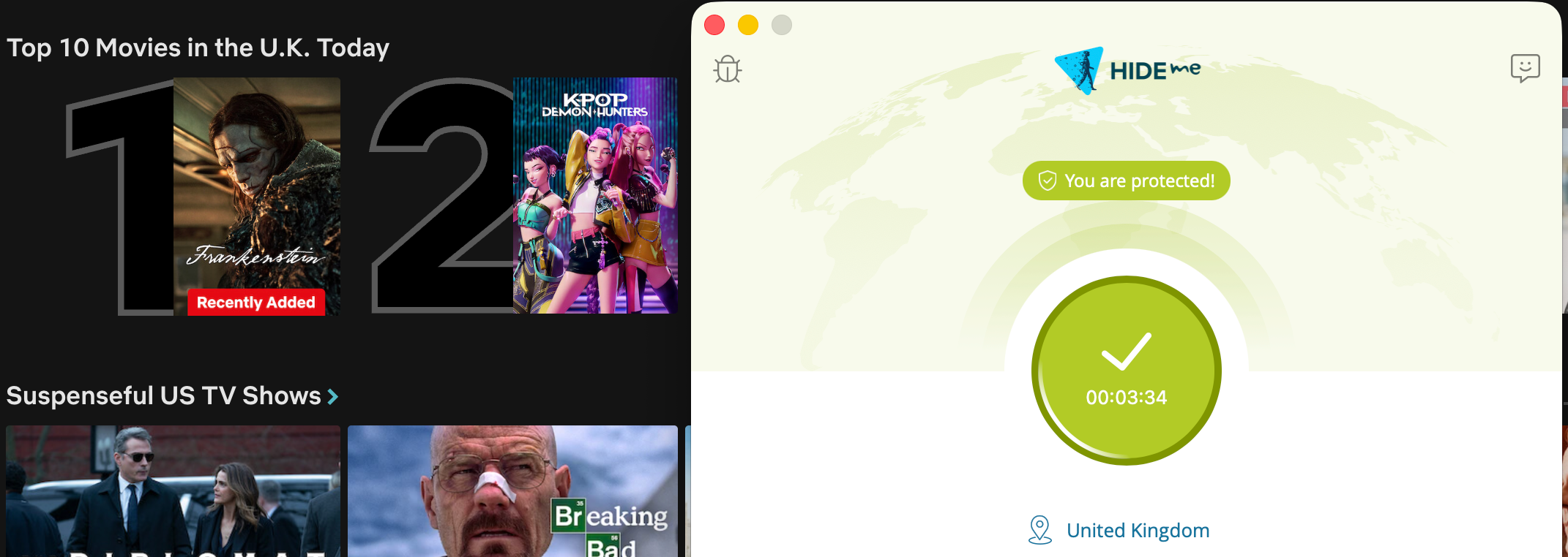 Netflix list of top shows in the U.K. today with hide.me in the foreground