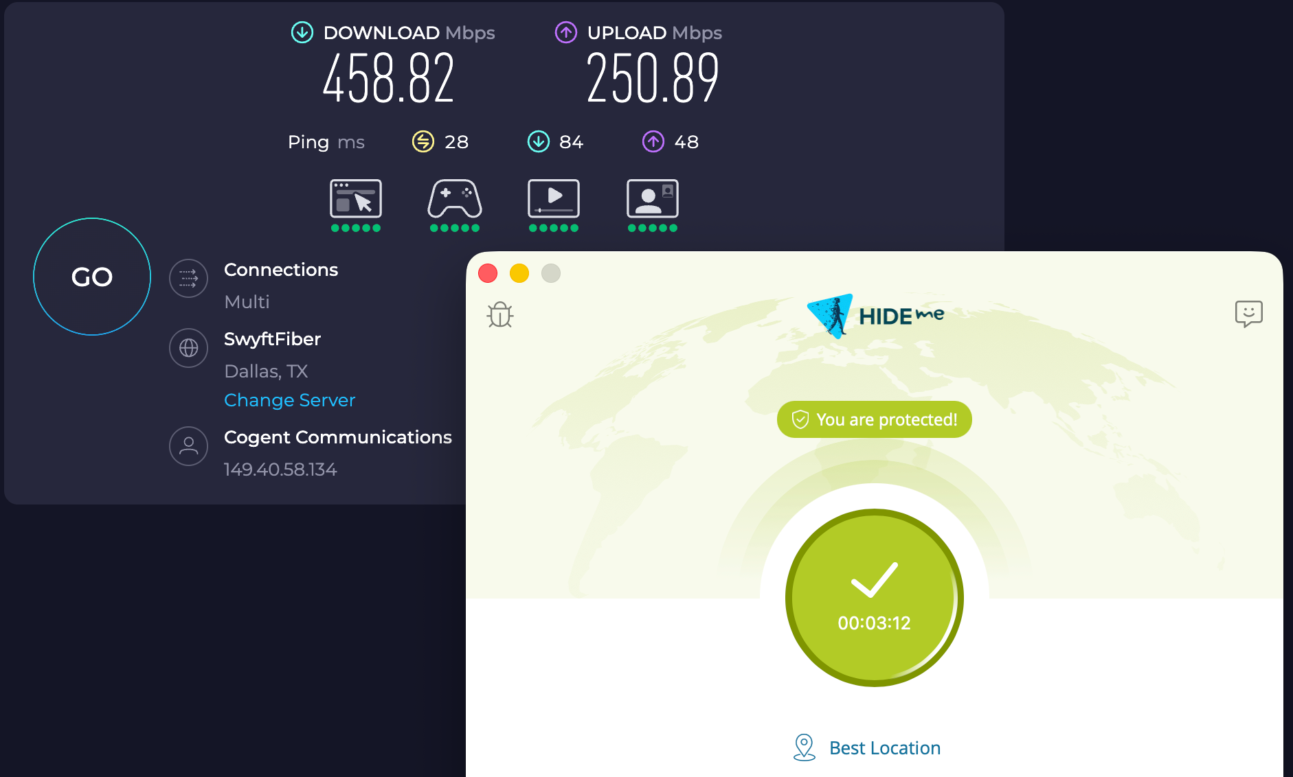 Speed test results for hide.me while connected to a server in Dallas (458.82 download, 250.89 upload, 28 ping)