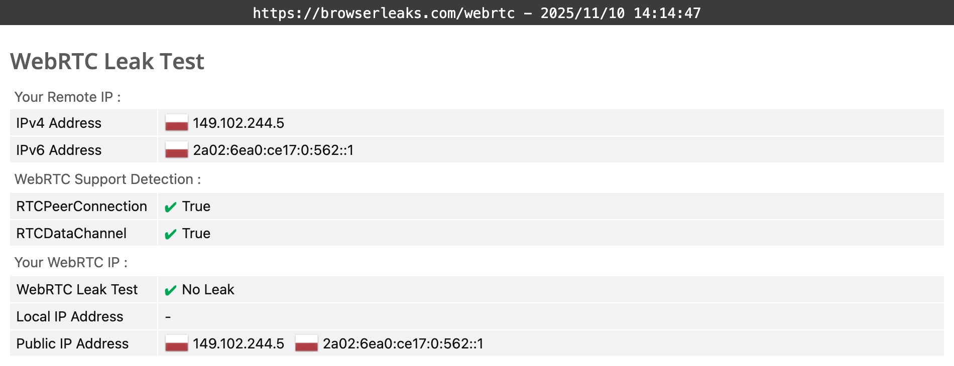 hide.me's WebRTC leak test results (pass)