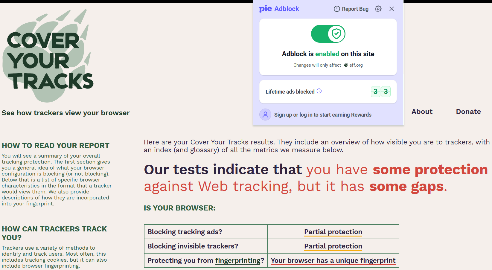 Pie Adblock's Cover Your Tracks results (1/3)