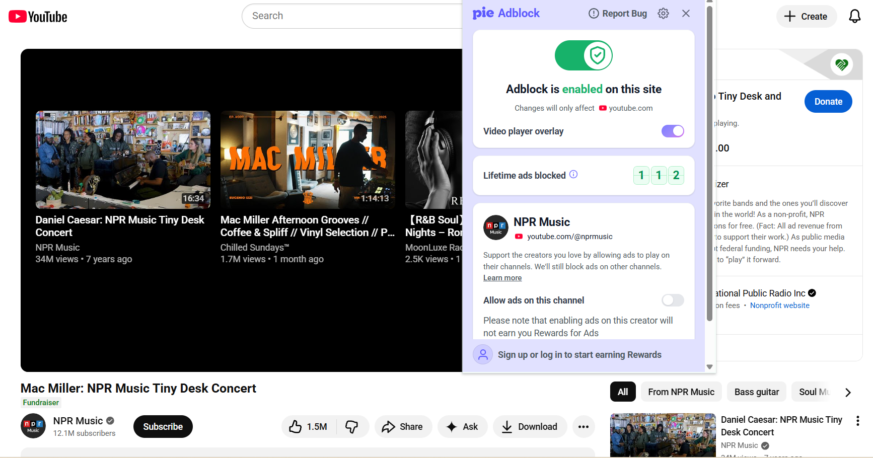 End of a YouTube video with Pie Adblock extension open in the foreground