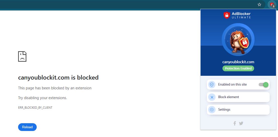AdBlocker Ultimate blocks CYBI test