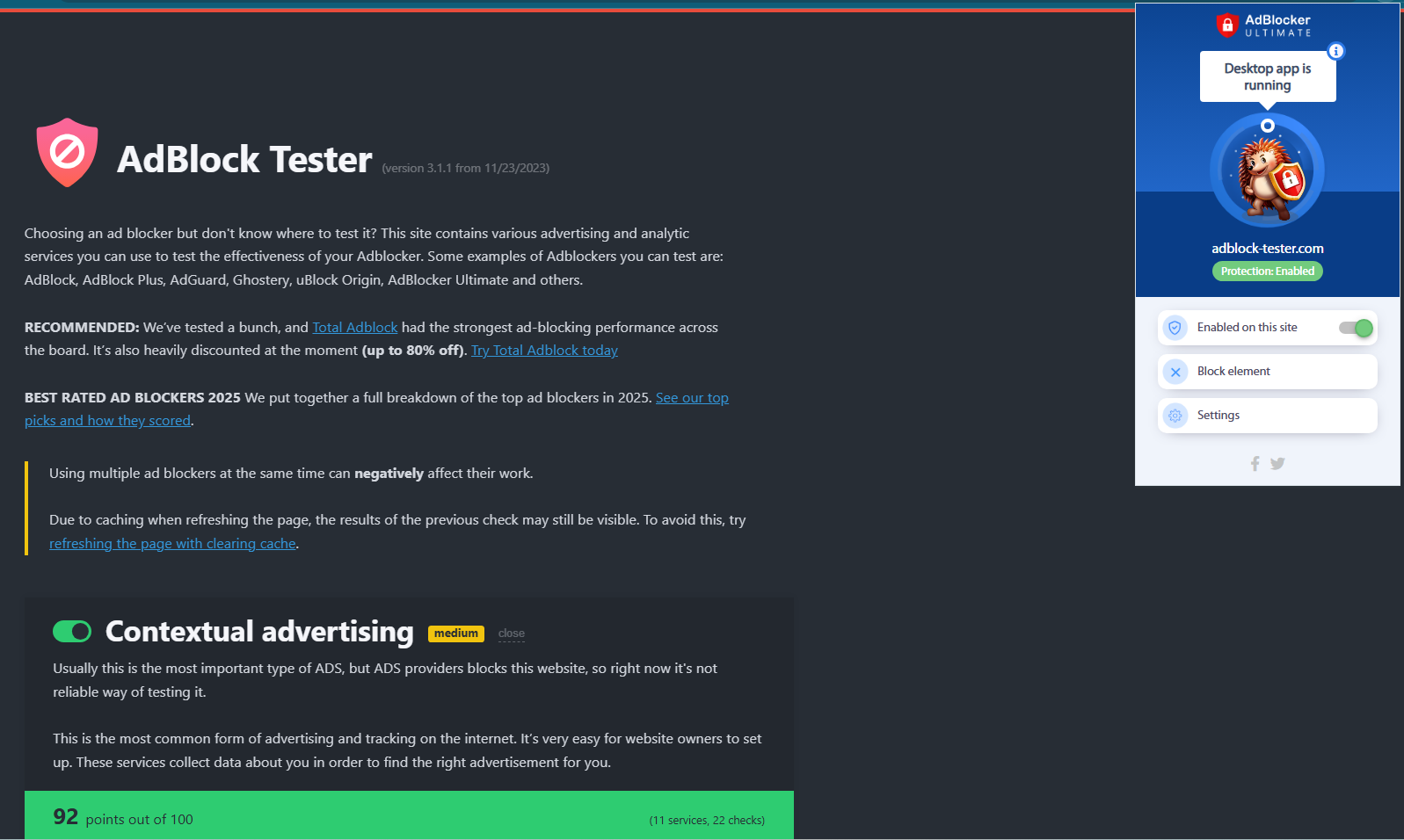 AdBlocker Ultimate AdBlock Tester results
