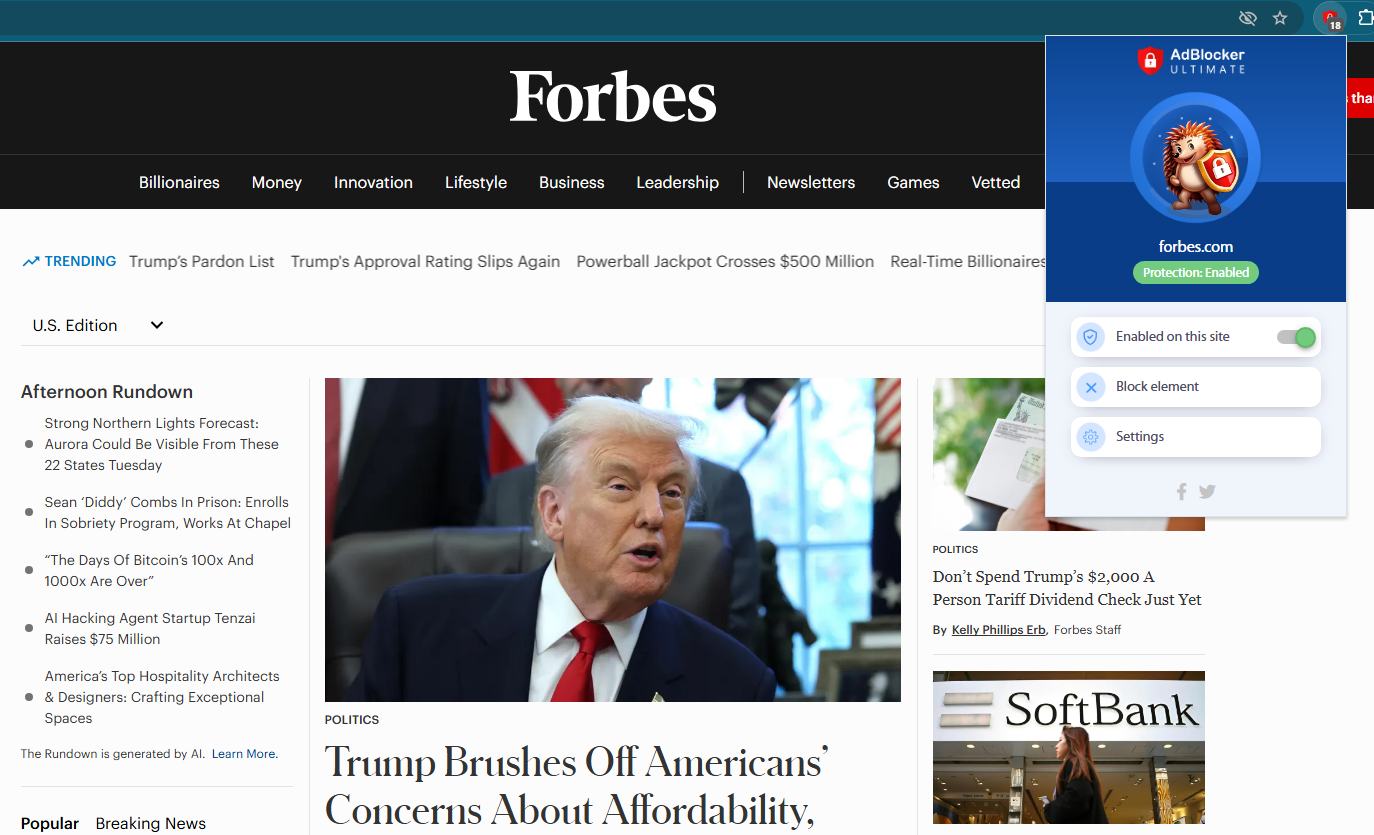 AdBlocker Ultimate Forbes test November 2025