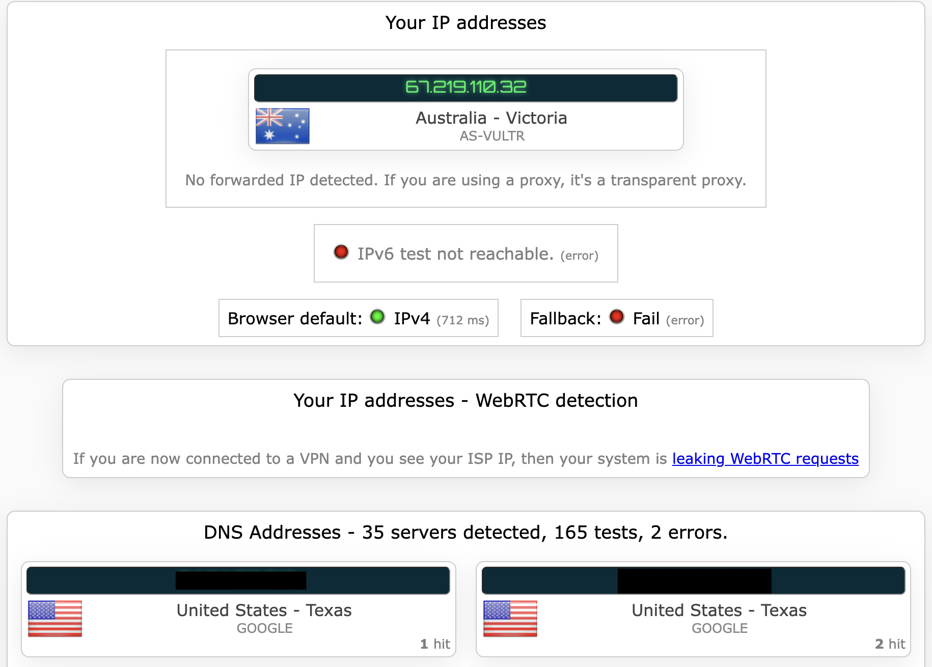 iTop VPN's kill switch test results (failed).