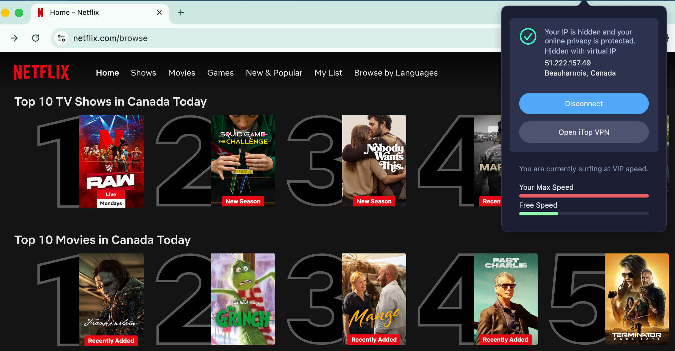 Netflix list of top shows and movies in Canada today with iTop VPN in the foreground