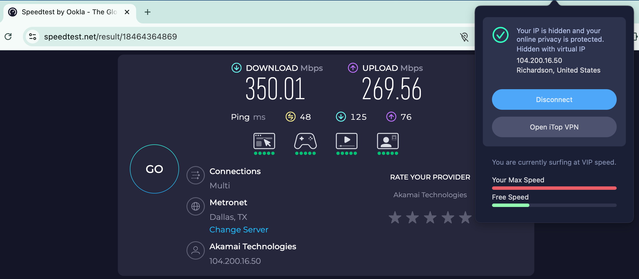 Speed test results for iTop VPN while connected to a server in Los Angeles (350.01 download, 269.45 upload, 48 ping)
