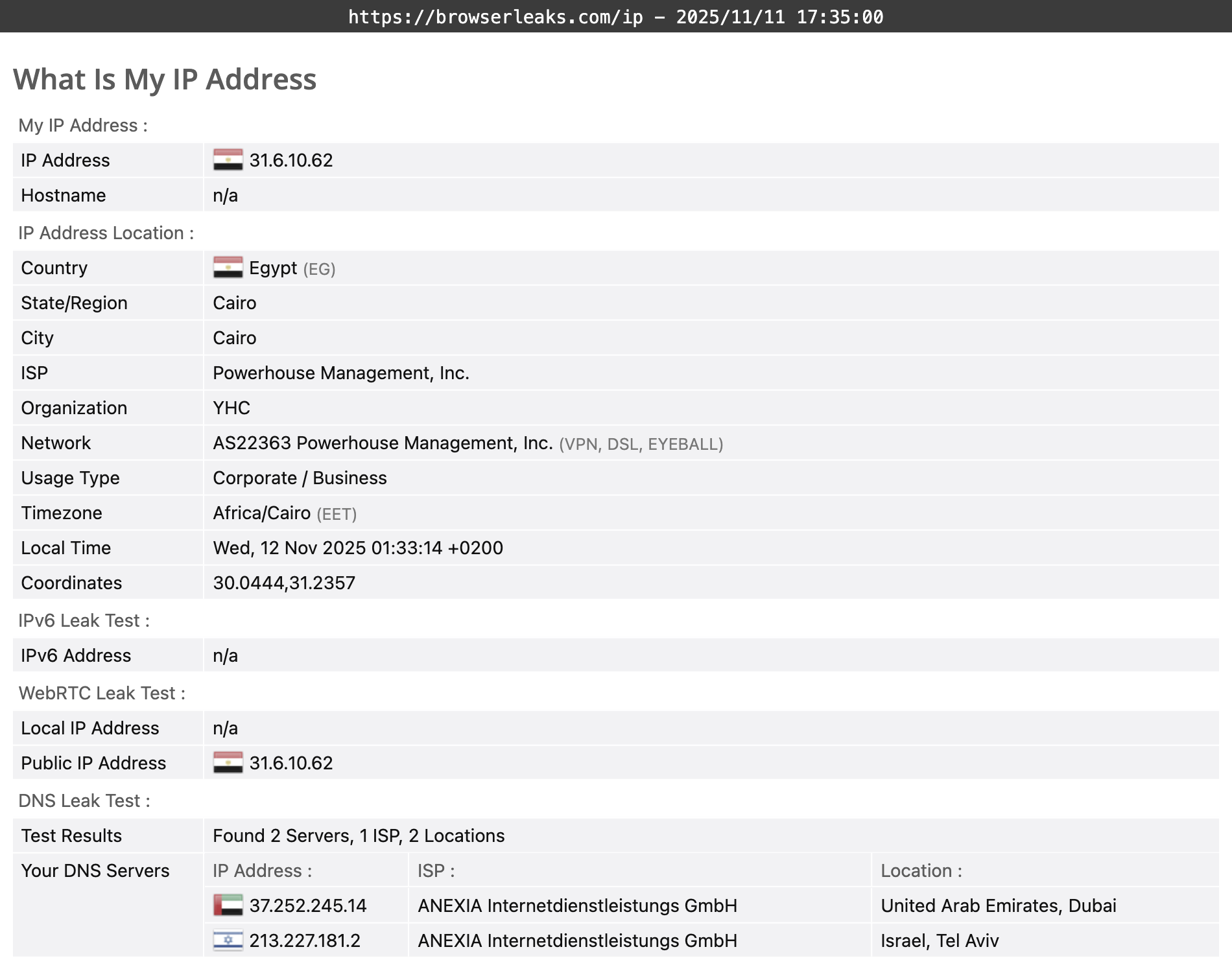 VyprVPN's DNS leak test results (passed).