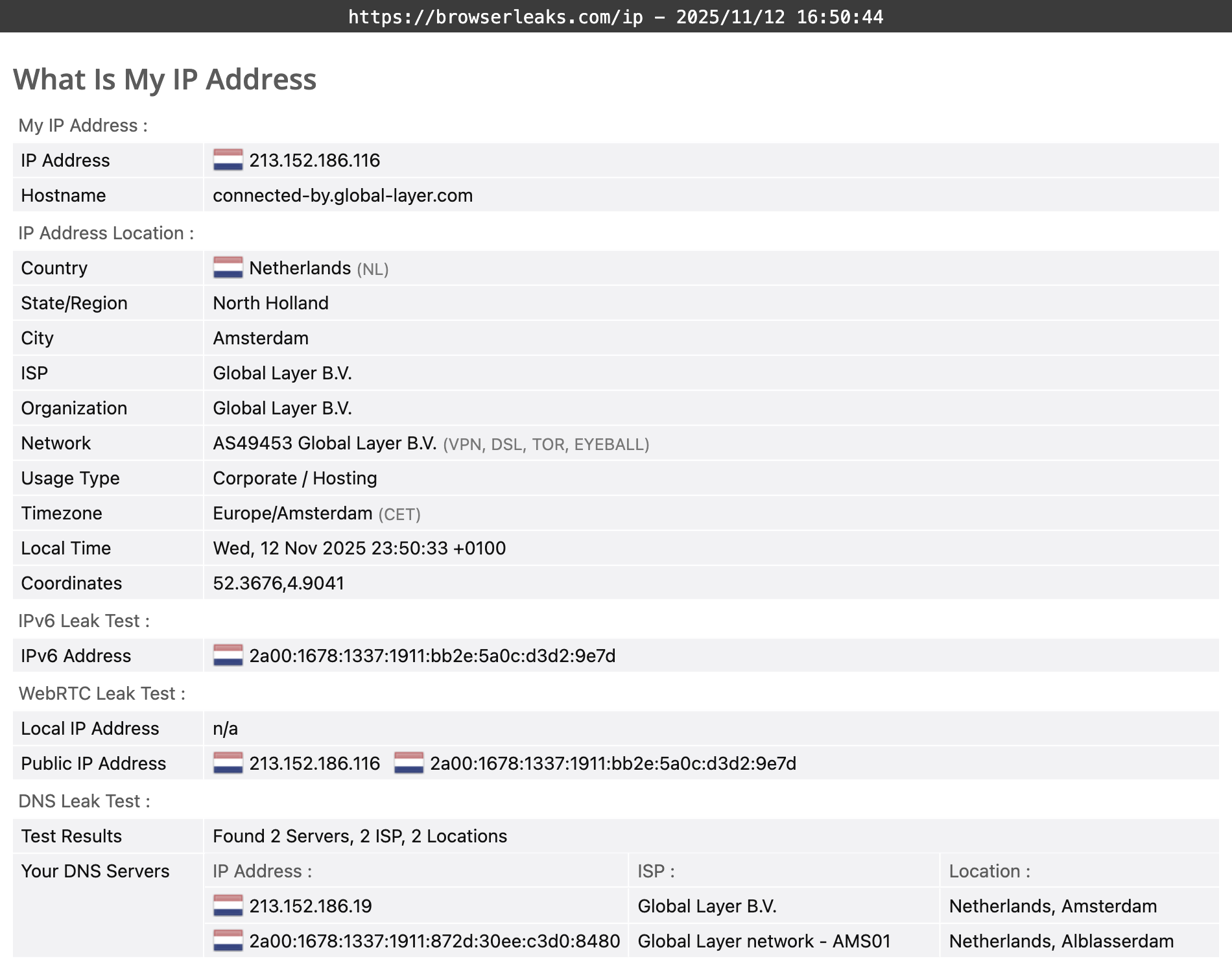 AirVPN's DNS leak test results (passed)