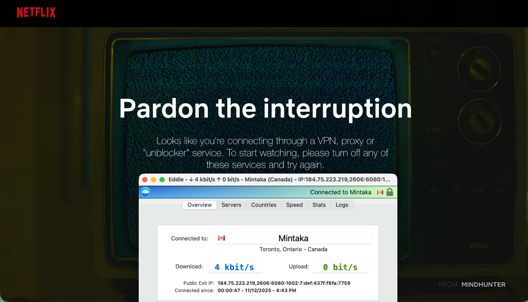 Netflix error page detecting a VPN with AirVPN in the foreground 