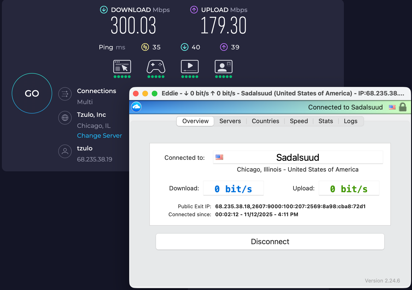 Speed test results for AirVPN while connected to a server in Chicago (300.03 download, 179.30 upload, 45 ping)