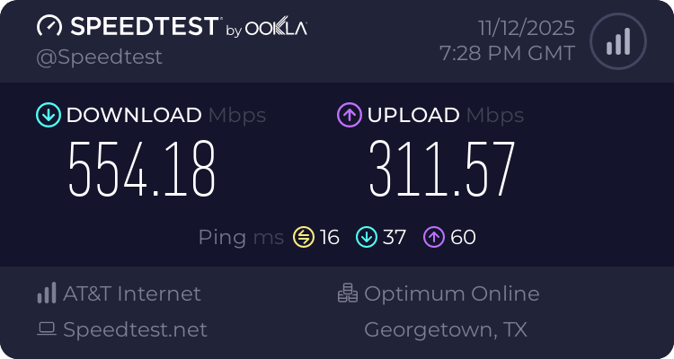 Baseline speed test before testing PrivadoVPN (554.18 download, 311.57 upload, 16 ping)