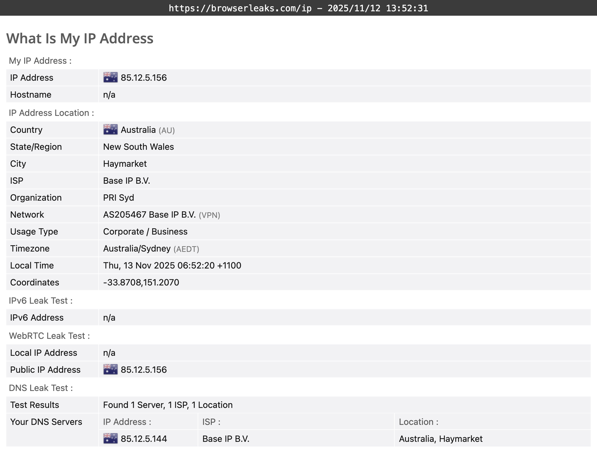 PrivadoVPN's DNS leak test results (pass)