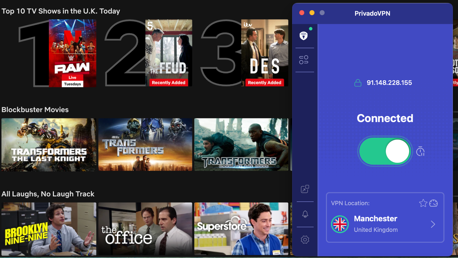 Netflix list of top shows in the U.K. today with PrivadoVPN in the foreground