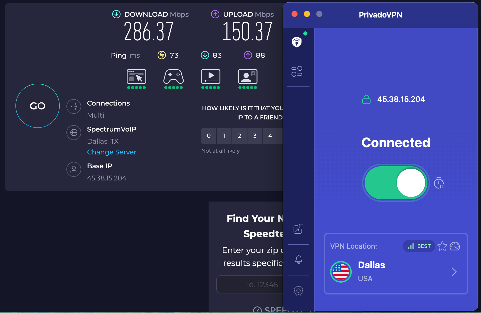 Speed test results for PrivadoVPN while connected to a server in Dallas (286.37 download, 150.37 upload, 73 ping)